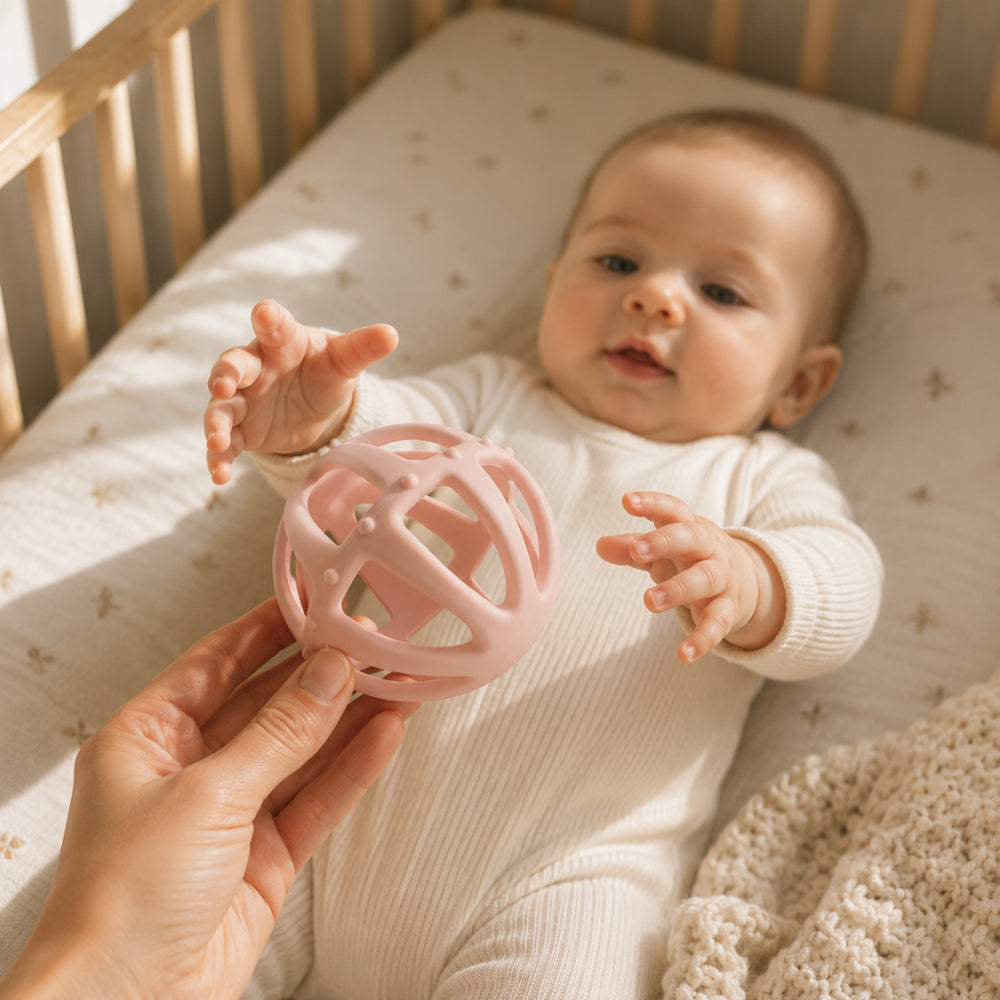 Peek-A-Boo Collection Baby Silicone Round Teether - PALE PINK