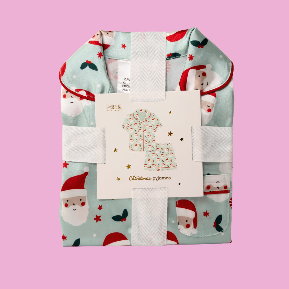 Kids Satin Christmas PJ Set - Size 8-10 years - BLUE HOLLY JOLLY