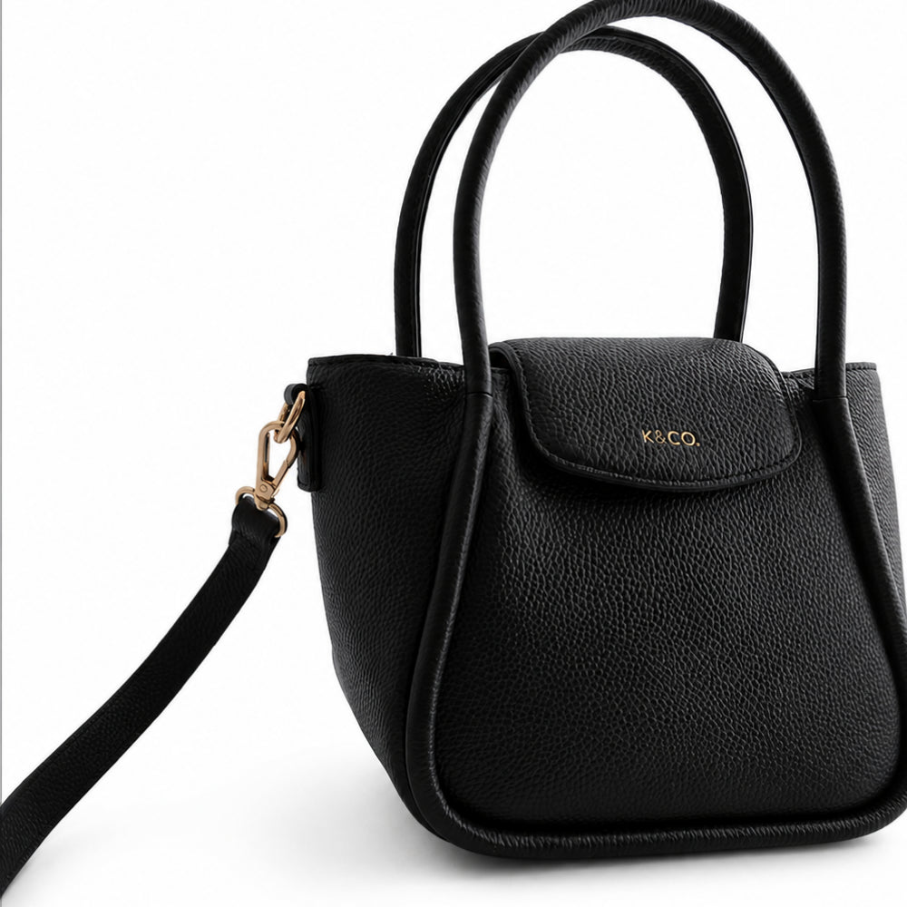 K&Co. Genuine Leather Flapover Mini Tote Bag - BLACK