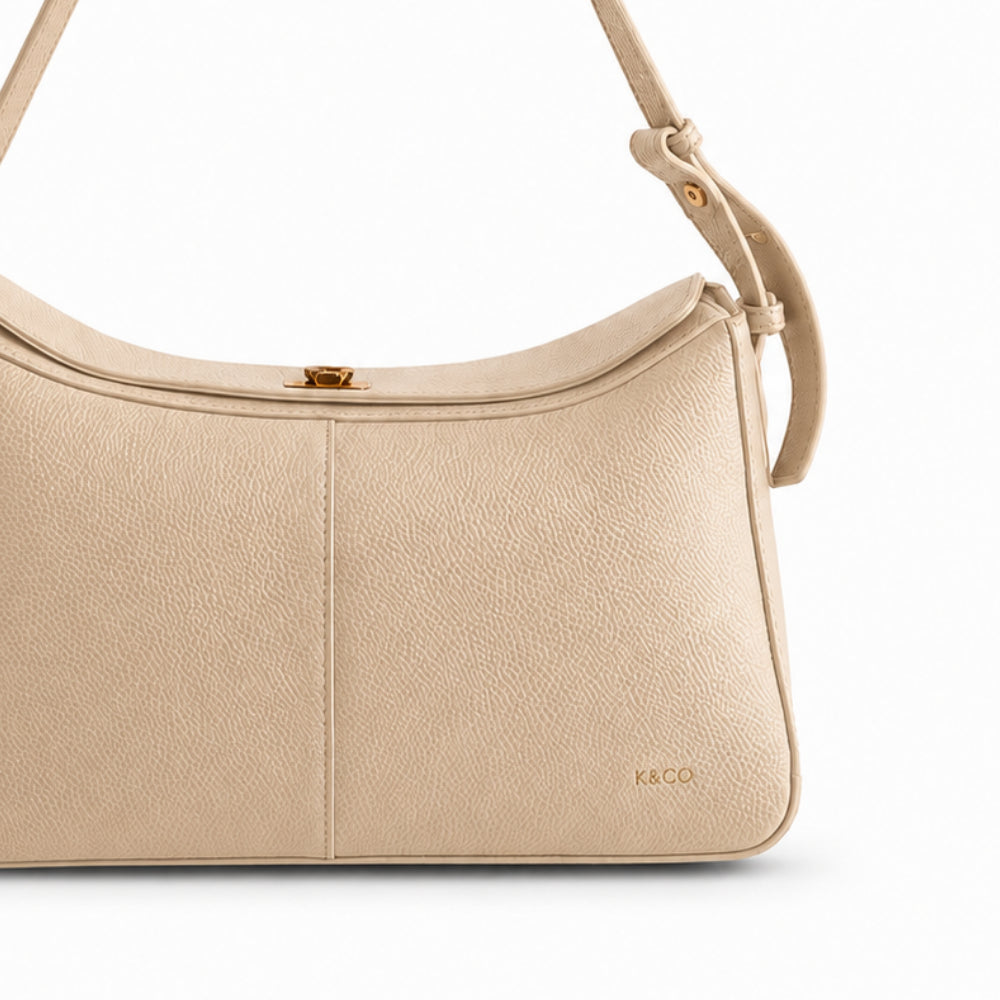 K&Co. Genuine Leather Clasp Shoulder Bag - BEIGE