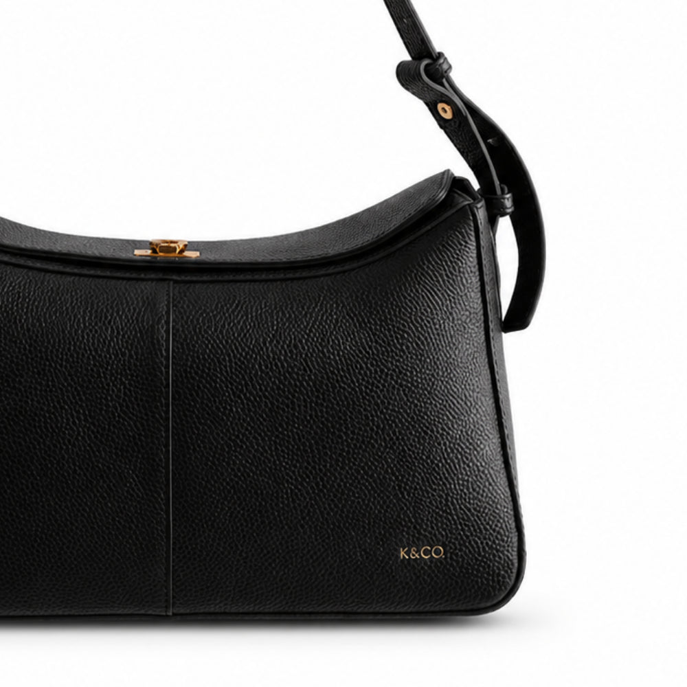 K&Co. Genuine Leather Clasp Shoulder Bag - BLACK
