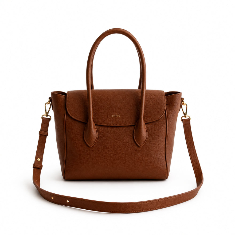 K&Co. Genuine Leather Flapover Satchel Bag - TAN