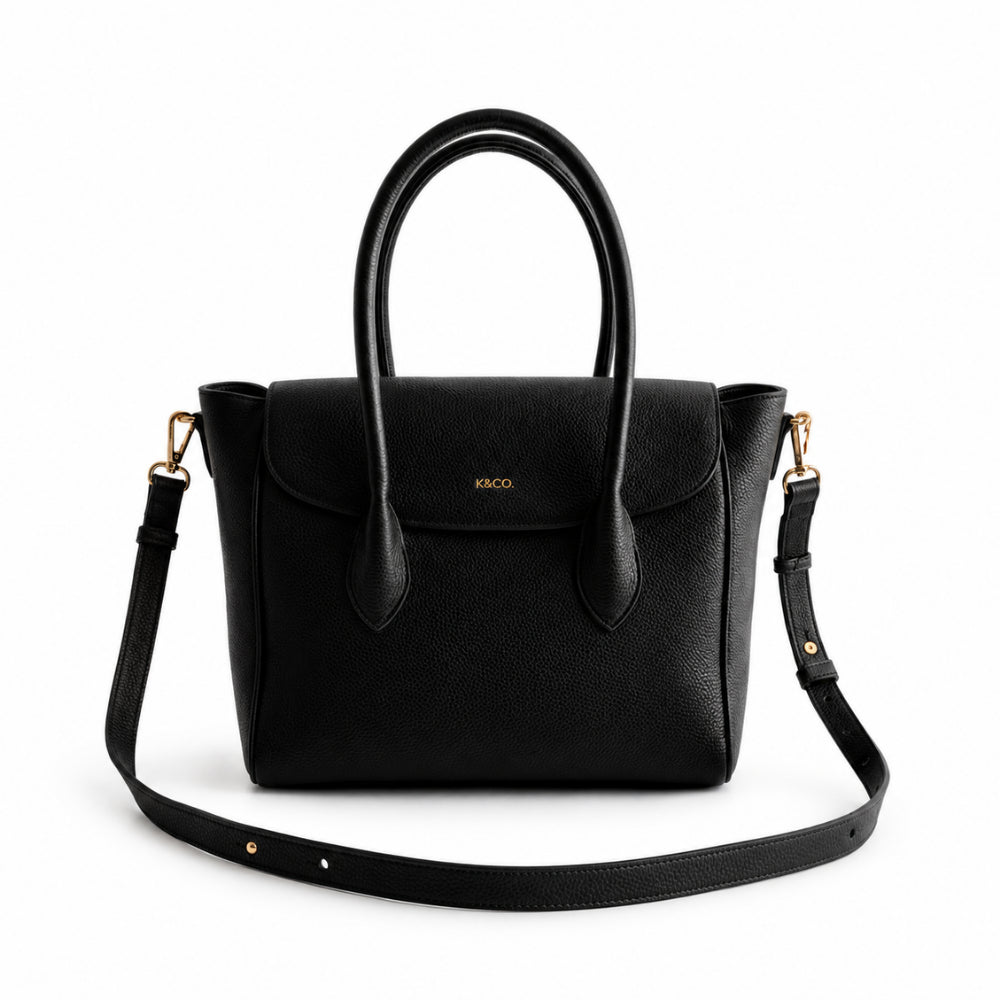 K&Co. Genuine Leather Flapover Satchel Bag - BLACK