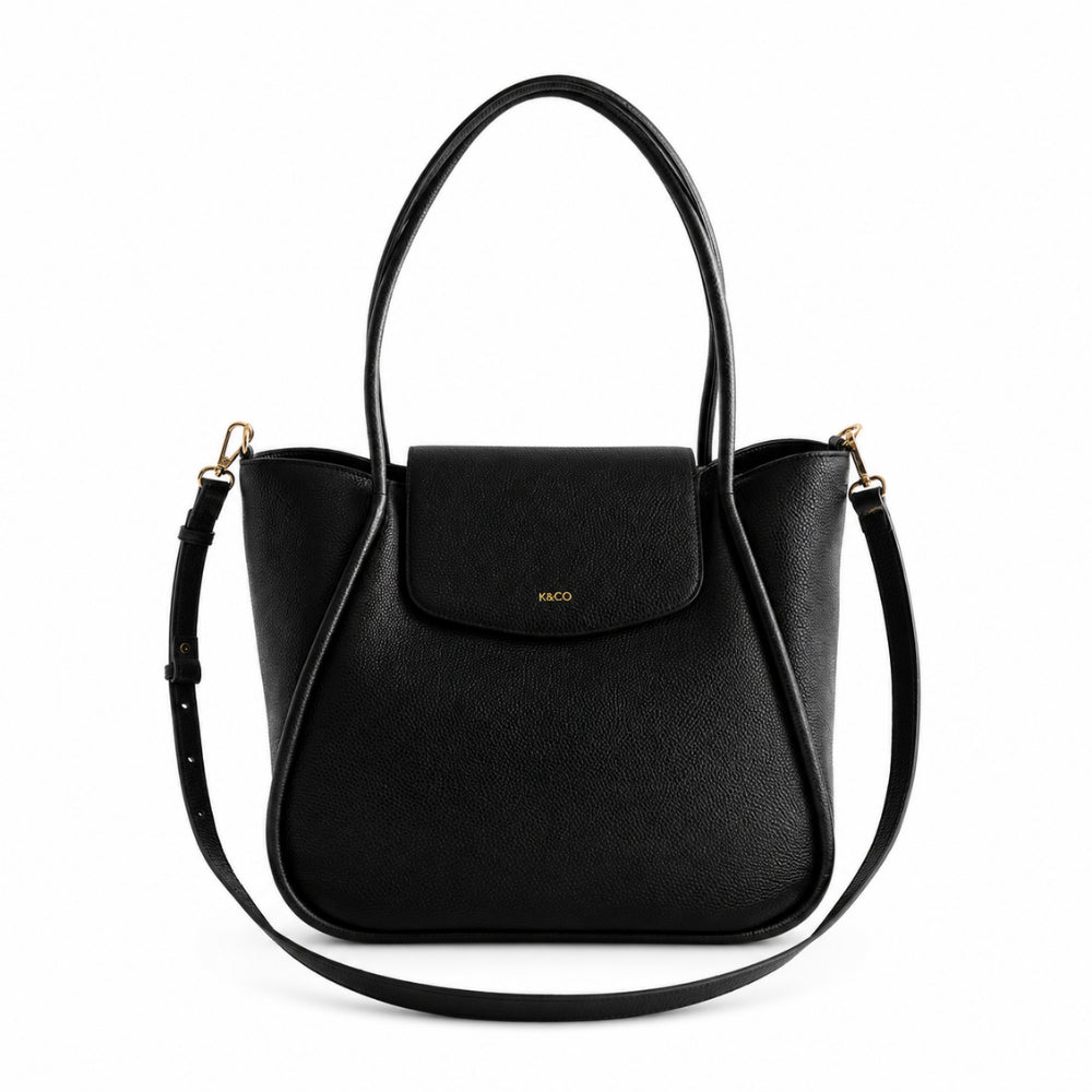 K&Co. Genuine Leather Flapover Tote Bag - BLACK