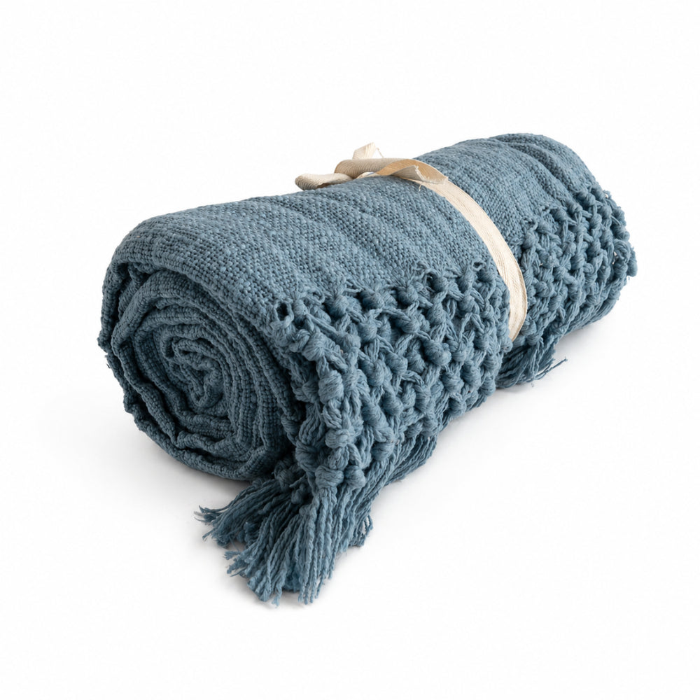 Evergreen Collection Macrame Cotton Throw - BLUE