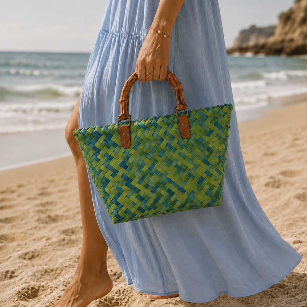 K&Co. Sunset Spritz Series Mini Bamboo Handle Tote Bag - BLUE GELATO