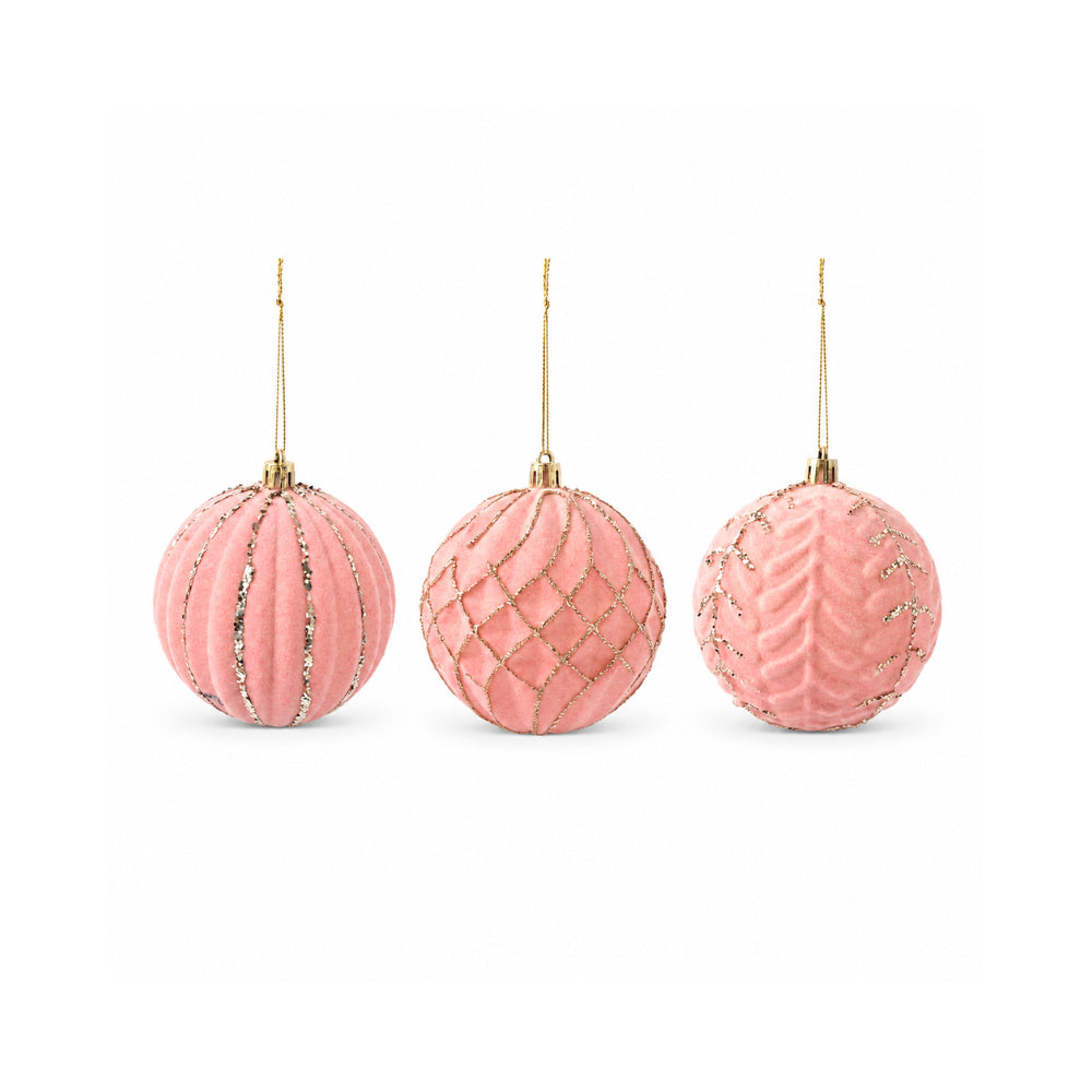 Plum Pudding Christmas Flocked Ornaments 3pk 8cm Blush