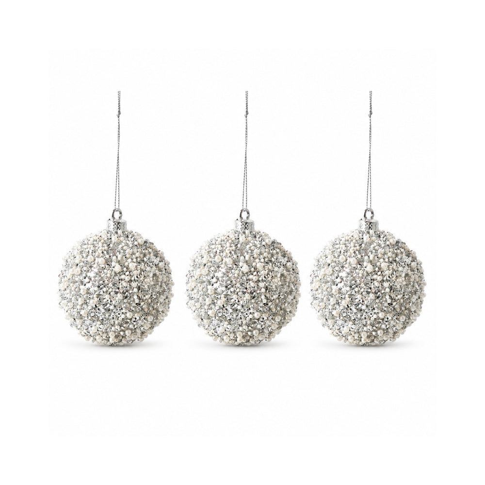 Plum Pudding Christmas Glitter Ornaments 3pk 8cm Silver