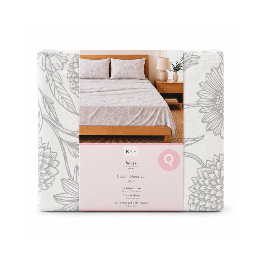 K&Co. House Series Cotton Sheet Set Queen - FLORAL OUTLINE