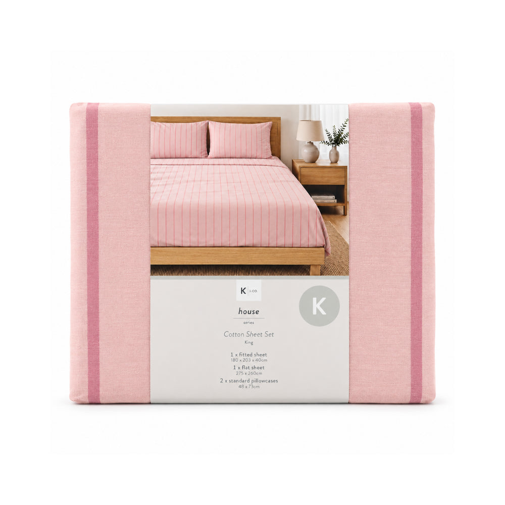 K&Co. House Series Cotton Sheet Set King - PINK STRIPE
