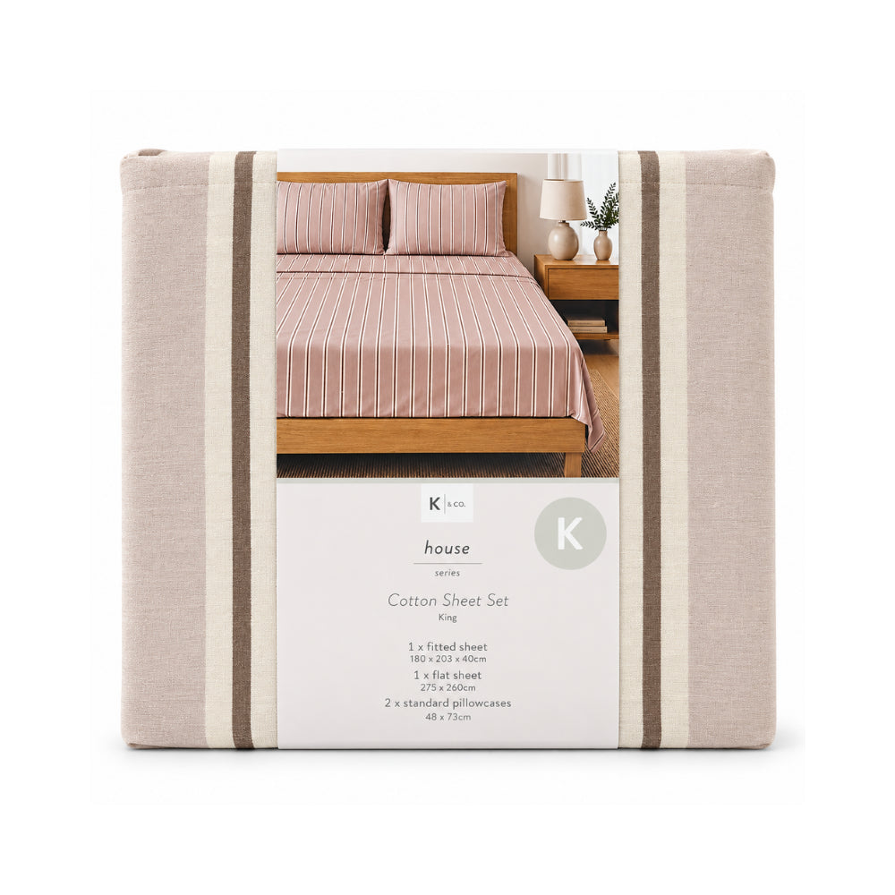K&Co. House Series Cotton Sheet Set King - LATTE STRIPE