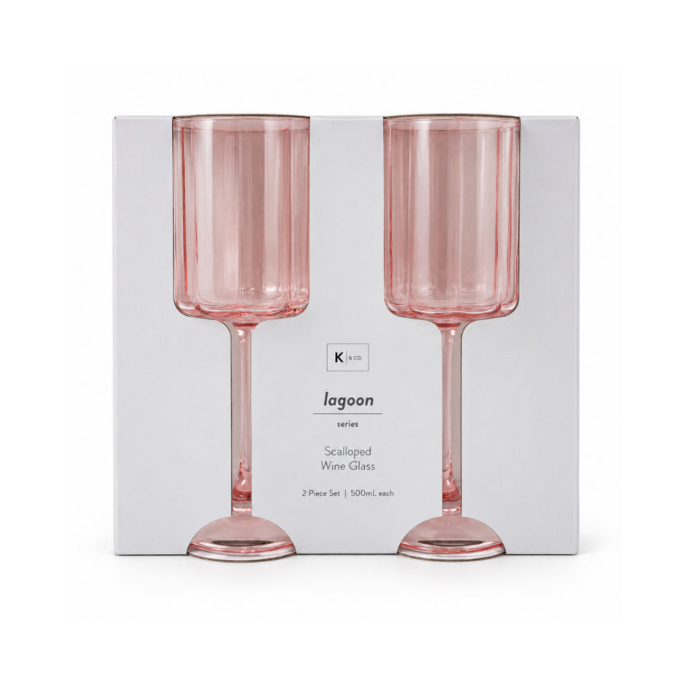 K&Co. Lagoon Series Scalloped Wine Glass 2 Piece - PINK