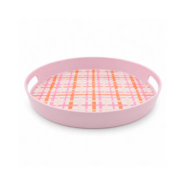 The Grapefruit Collection Melamine Round Tray - PINK STRIPE CHECK