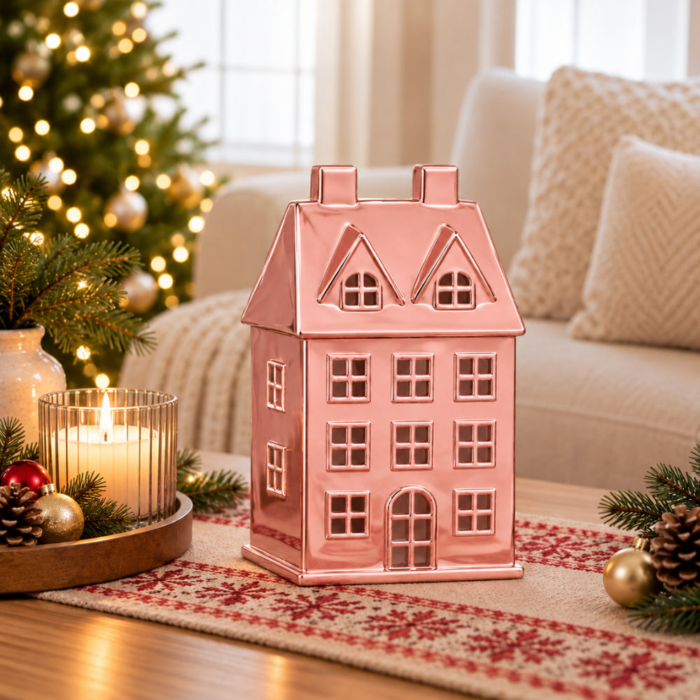Holly Days Christmas Collection Large Alloy House Ornament - PINK