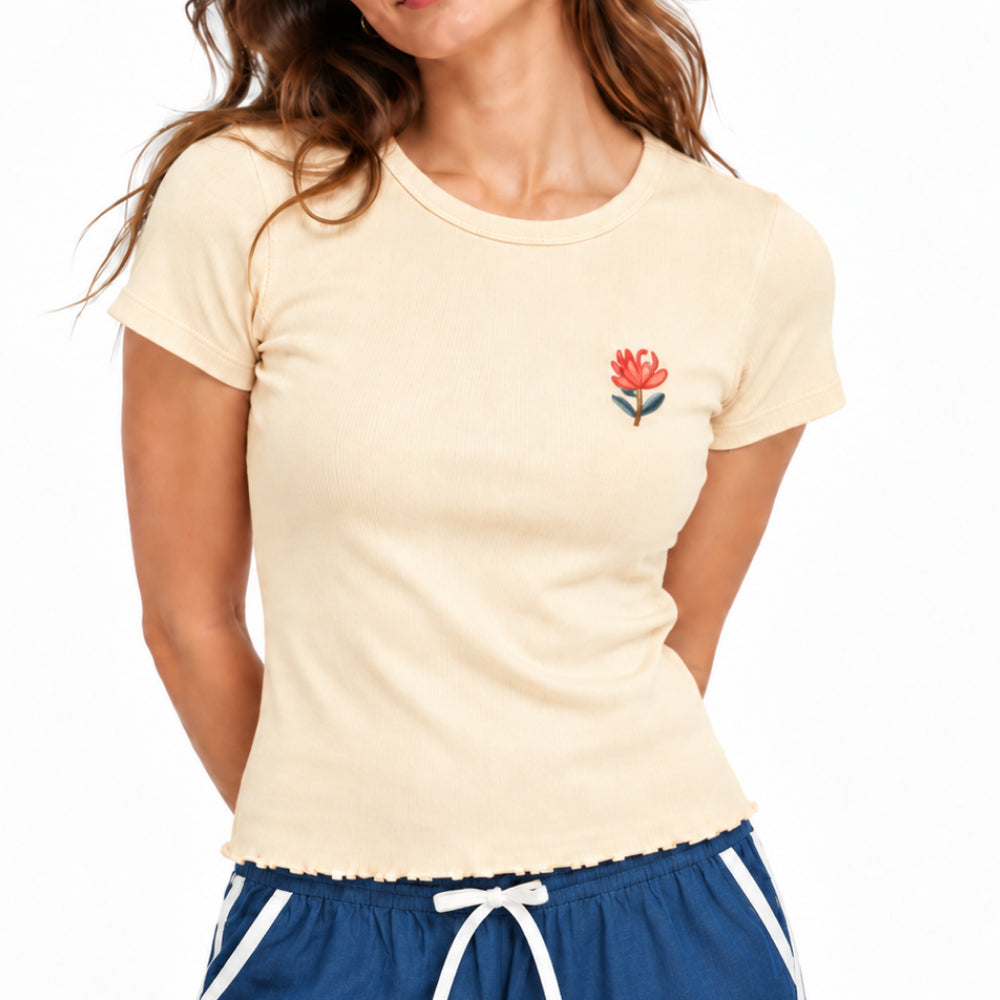 Sun and Sea Collection Applique Rib Knit T-Shirt - CREAM
