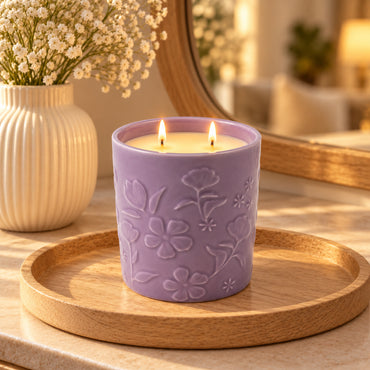 Rosewood Collection Ceramic Embossed Candle 400g - PEONY & BERGAMOT