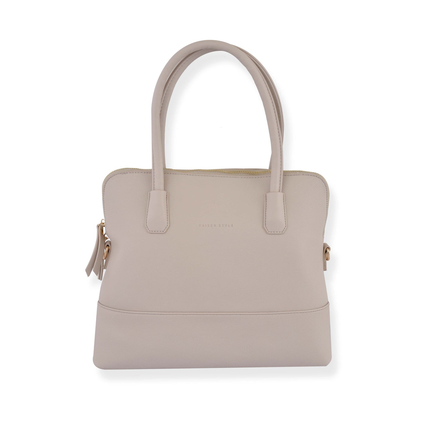 A beige satchel bag made from PU leather, featuring two handles, a side zip, and two side pockets. It also includes a detachable strap.