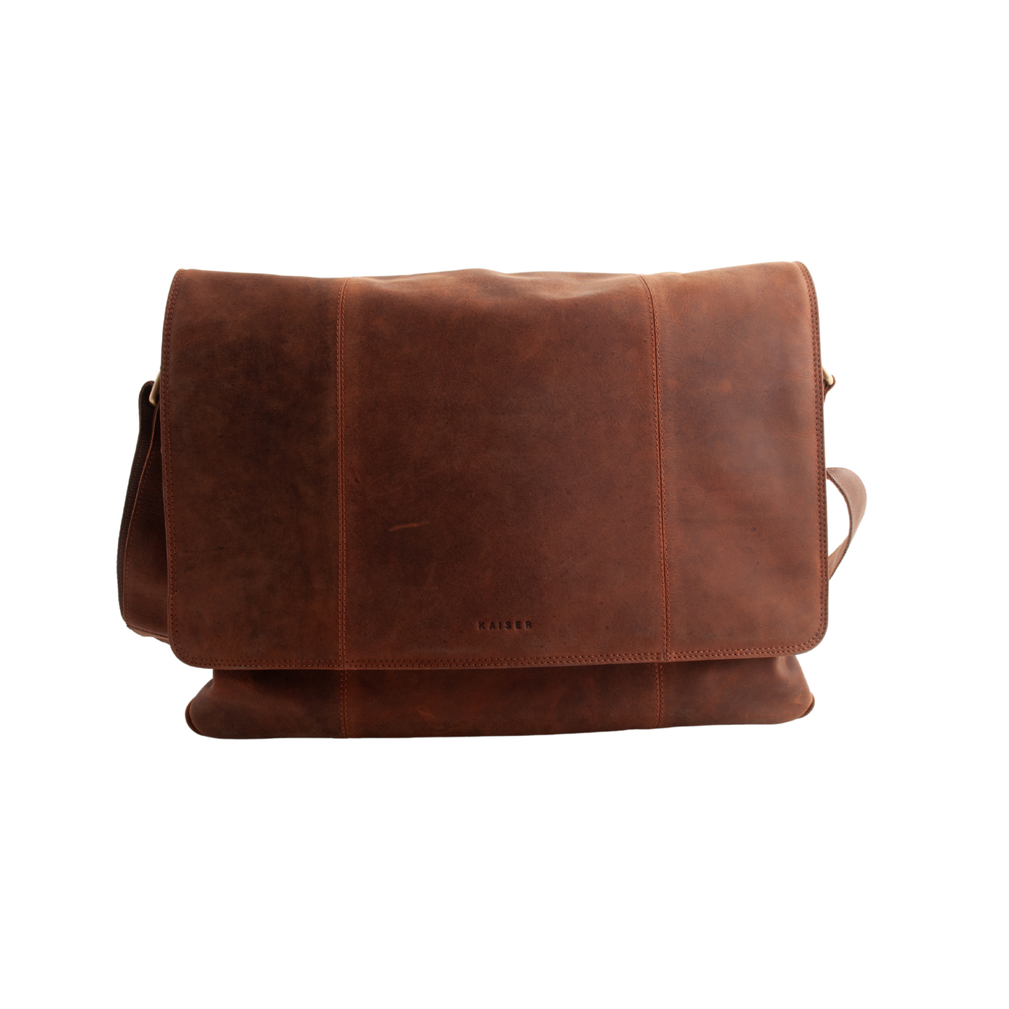 A brown leather satchel bag with a zipper closure and a shoulder strap.