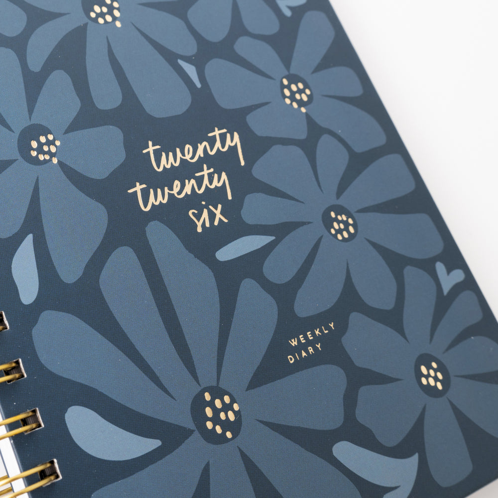 2026 A5 Weekly Spiral Diary - Navy Blooms