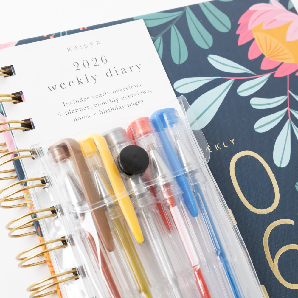 2026 A5 Weekly Spiral Diary & Pen - Indigo Flora