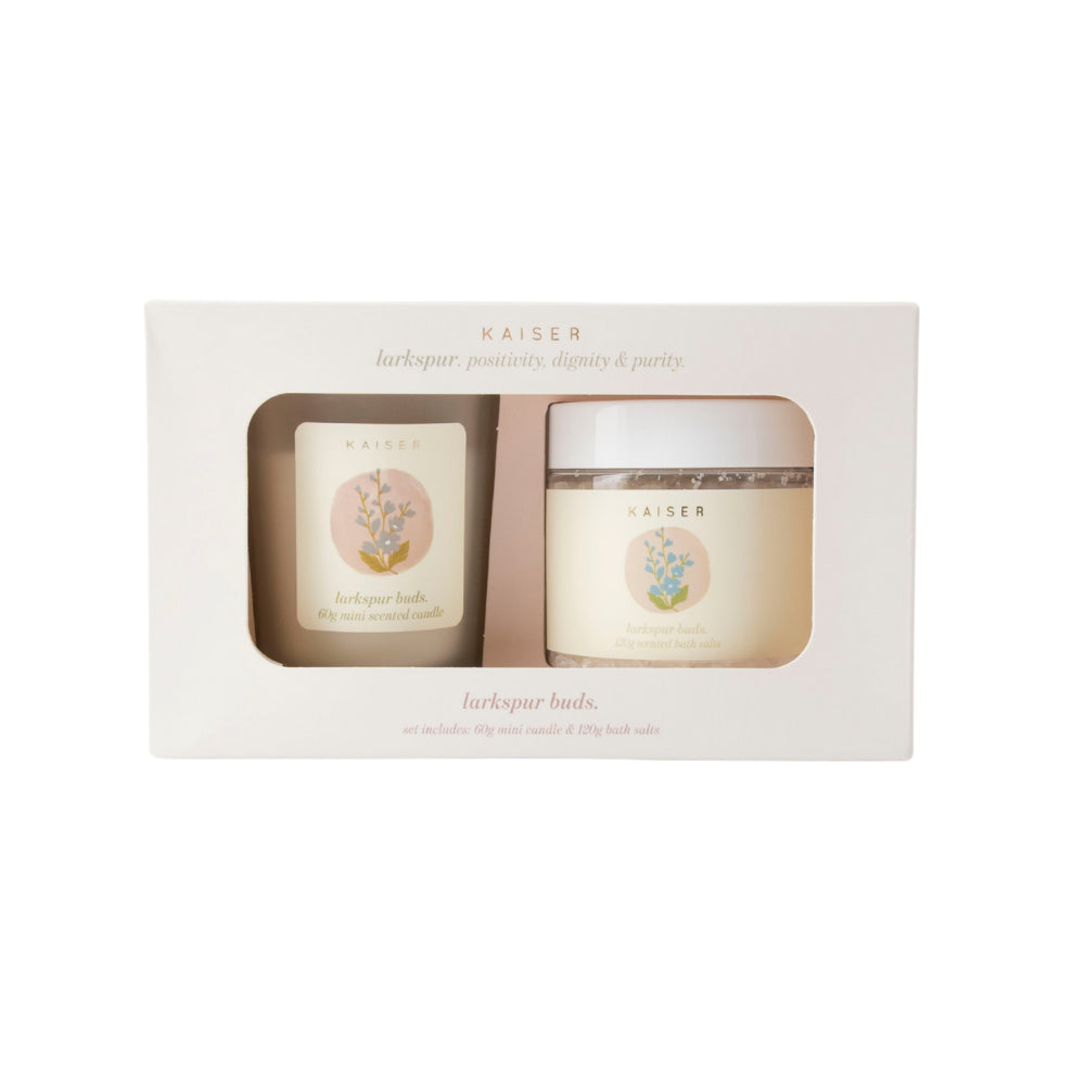 Flower Beauty Candle & Bath Salt Set Mini Birth Flower - LARKSPUR