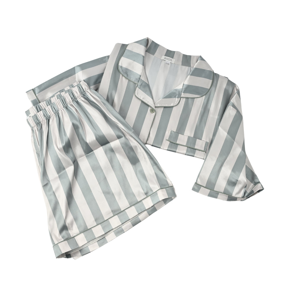 K&Co Satin Pyjama Set Size Large  - SAGE STRIPE