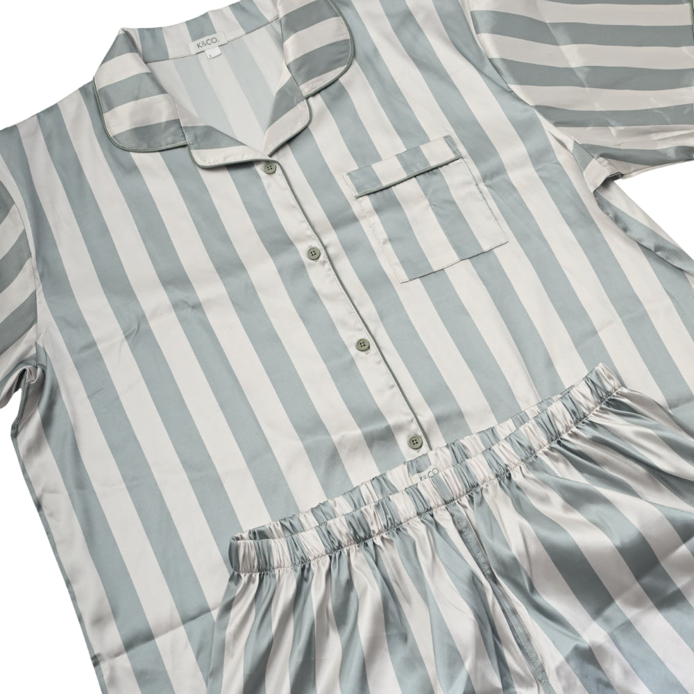 K&Co Satin Pyjama Set Size Large  - SAGE STRIPE
