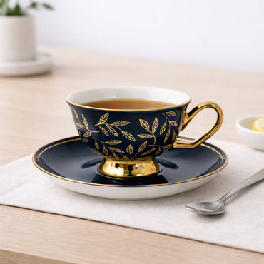 K&Co. Plumberry Series Porcelain Tea Cup & Saucer - ETCHED LEAVES