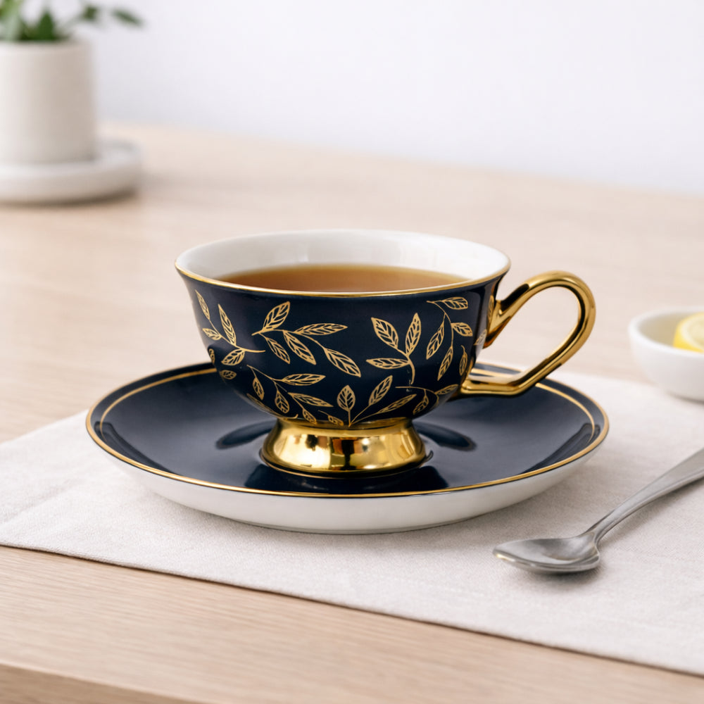 K&Co. Plumberry Series Porcelain Tea Cup & Saucer - ETCHED LEAVES