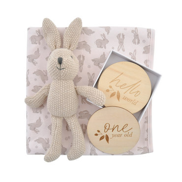 Baby Jersey Blanket, Wood M/Stone Card & Toy Gift Set - Playful Bunnies