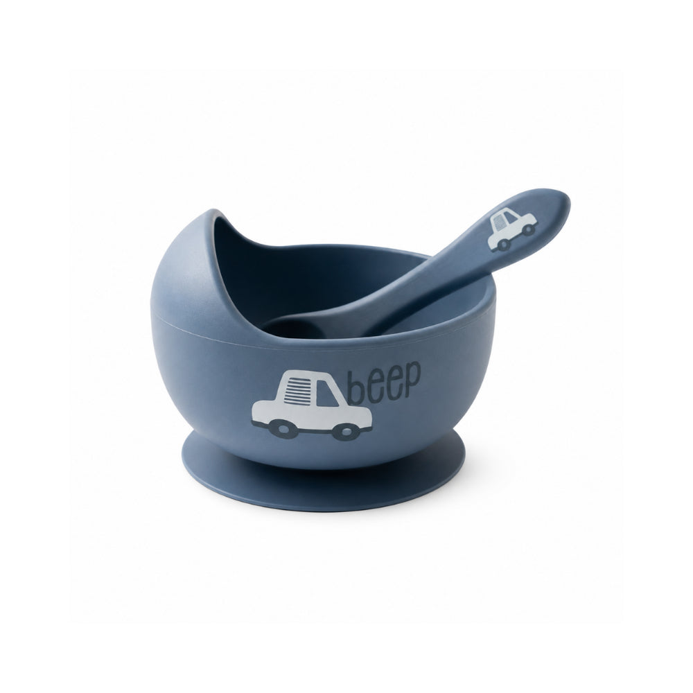 Peek-A-Boo Collection Baby Printed Silicone Bowl & Spoon - CAR