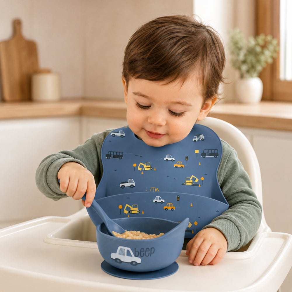 Peek-A-Boo Collection Baby Printed Silicone Bowl & Spoon - CAR