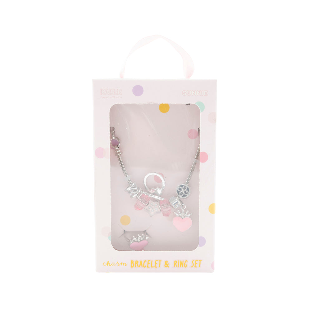 Sunnie Series Charm Bracelet & Ring Set - CROWN HEART SILVER