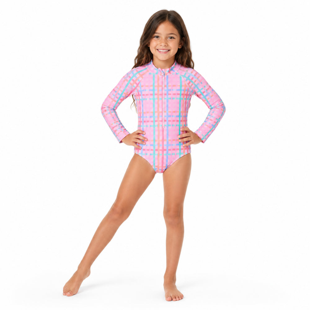 Good Vibes Kids Long Sleeve Swim Suit - SHERBET GINGHAM