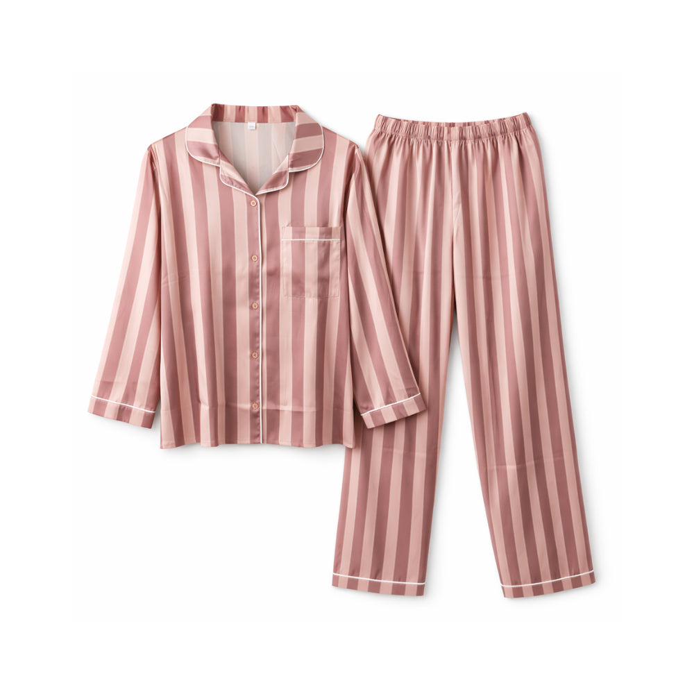 K&Co. Primrose Collection Long Satin Pyjama Set - BERRY STRIPE