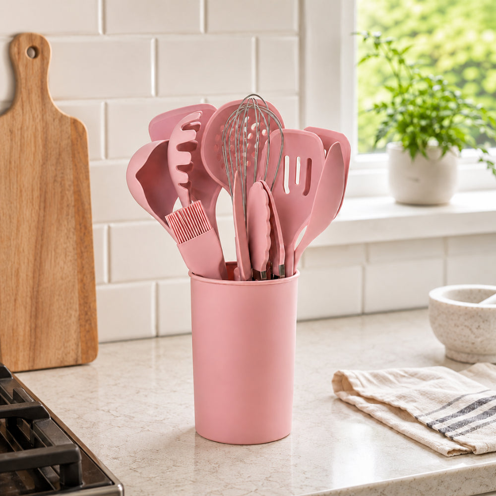 K&Co. Chef Series Wooden Handle & Silicone Kitchen Utensil Set 12 Piece - PINK