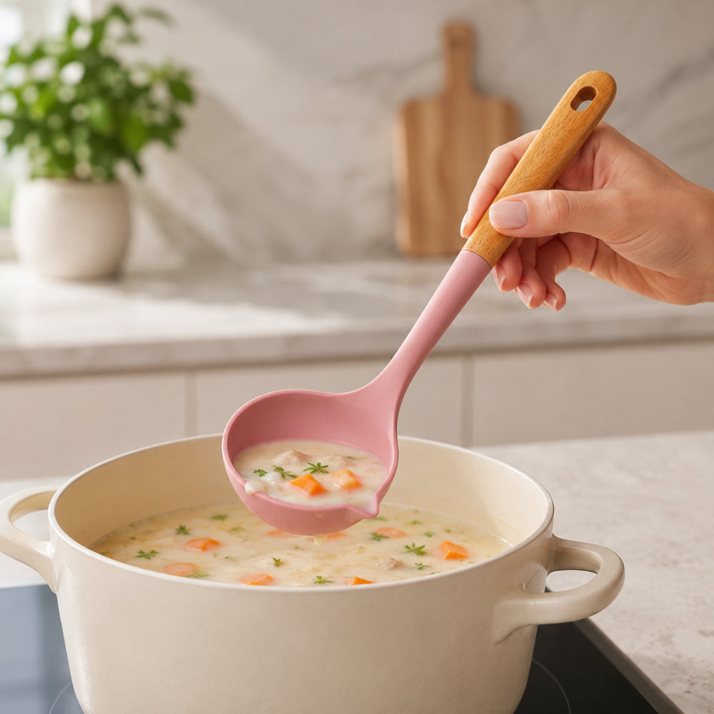 K&Co. Chef Series Wooden Handle & Silicone Soup Ladle - PINK
