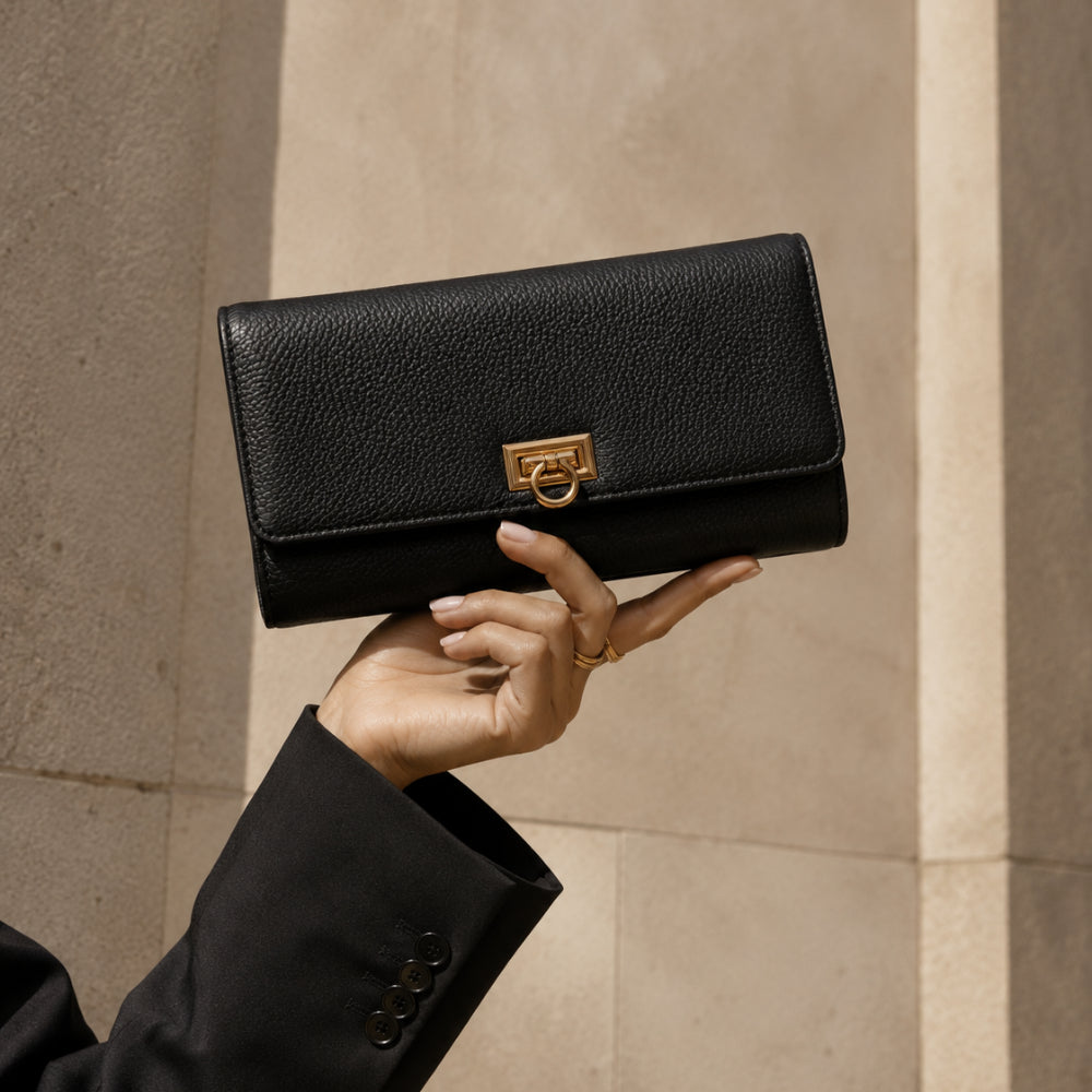 K&Co. Genuine Leather Clasp Wallet - BLACK