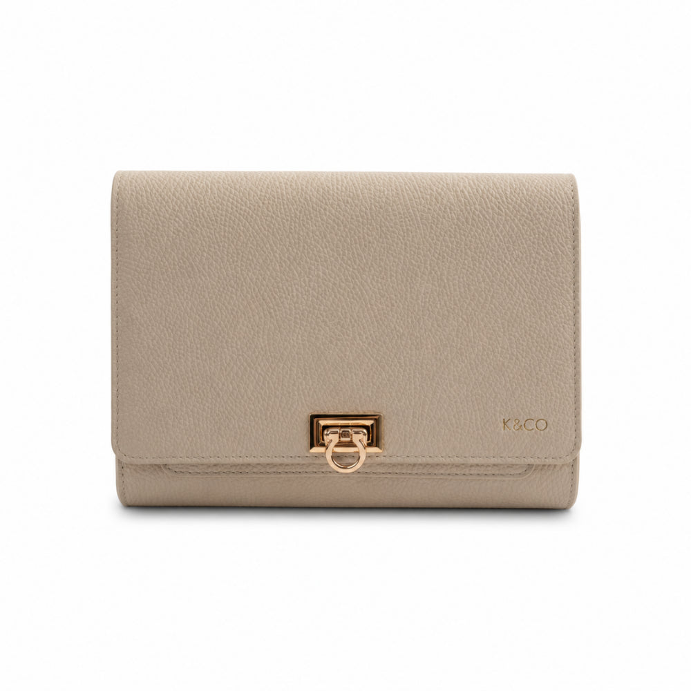 K&Co. Genuine Leather Clasp Wallet Clutch - BEIGE