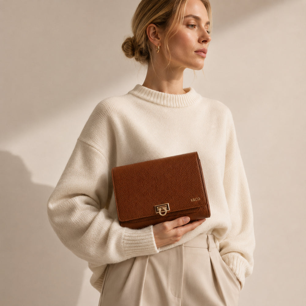 K&Co. Genuine Leather Clasp Wallet Clutch - TAN