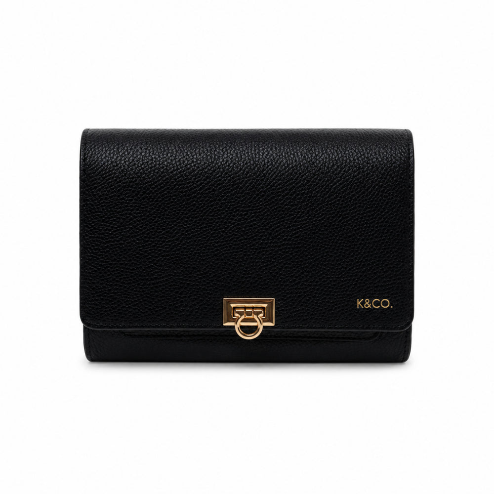 K&Co. Genuine Leather Clasp Wallet Clutch - BLACK