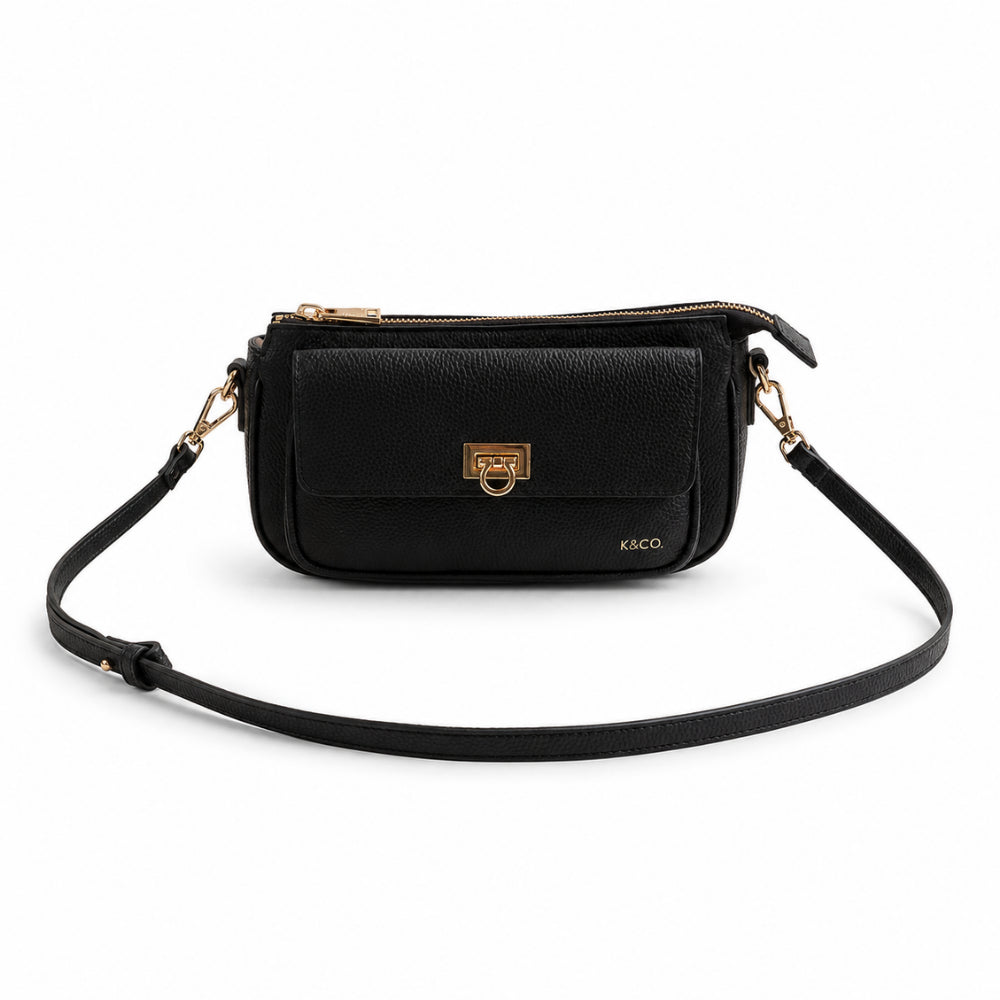 K&Co. Genuine Leather Pouch Crossbody Bag - BLACK