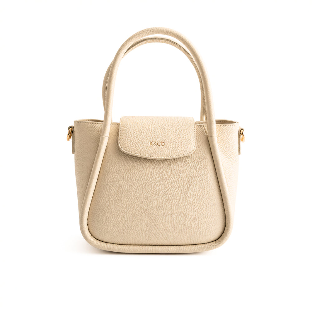 K&Co. Genuine Leather Flapover Mini Tote Bag - BEIGE