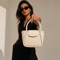 K&Co. Genuine Leather Flapover Mini Tote Bag - BEIGE