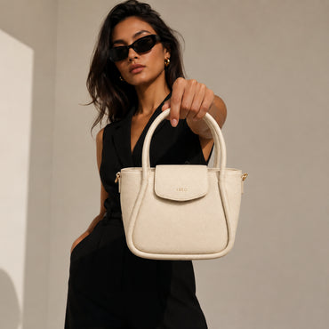 K&Co. Genuine Leather Flapover Mini Tote Bag - BEIGE