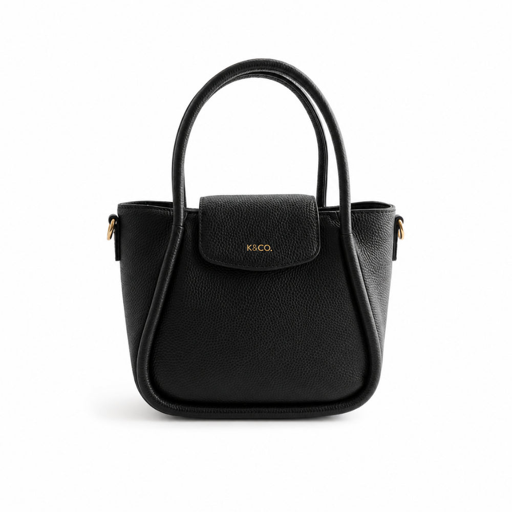 K&Co. Genuine Leather Flapover Mini Tote Bag - BLACK