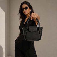 K&Co. Genuine Leather Flapover Mini Tote Bag - BLACK