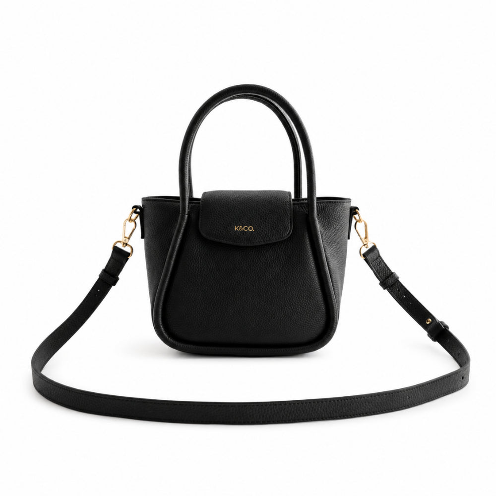 K&Co. Genuine Leather Flapover Mini Tote Bag - BLACK