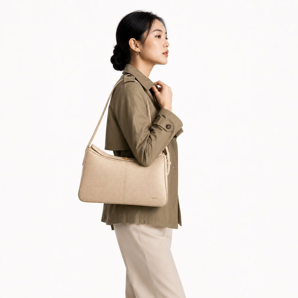 K&Co. Genuine Leather Clasp Shoulder Bag - BEIGE