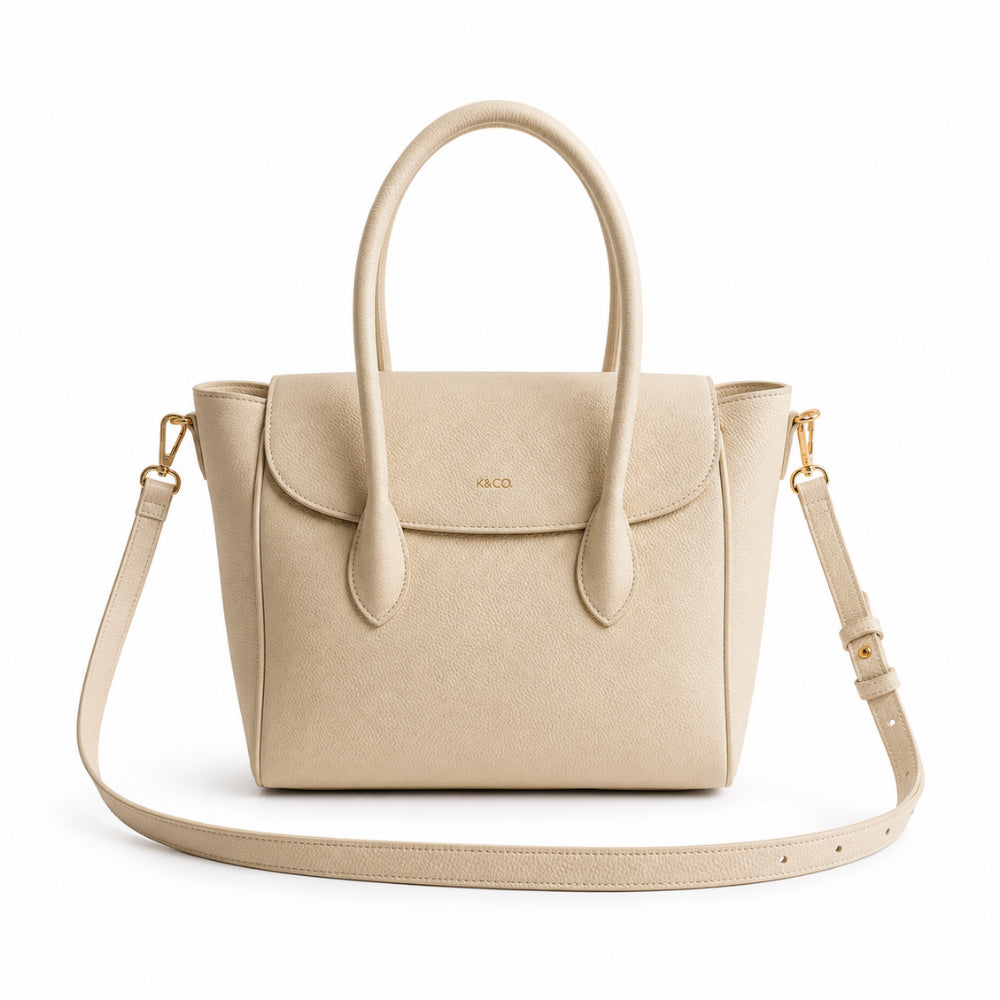 K&Co. Genuine Leather Flapover Satchel Bag - BEIGE